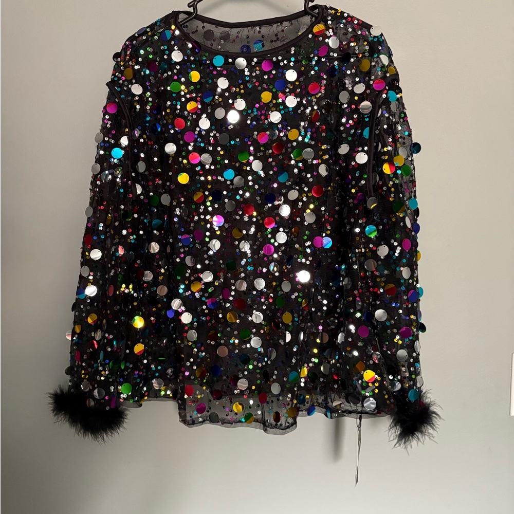 Sequin Embellished Sheer Top with Feather Cuffs
